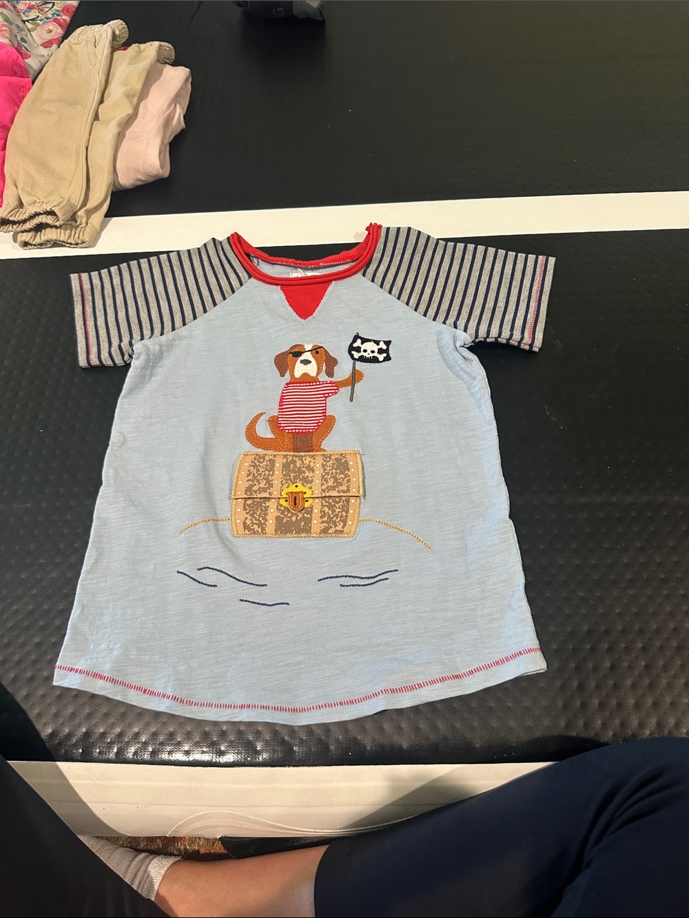 Mud Pie Light Blue Pirate Dog Tee with Navy Striped Raglan Sleeves